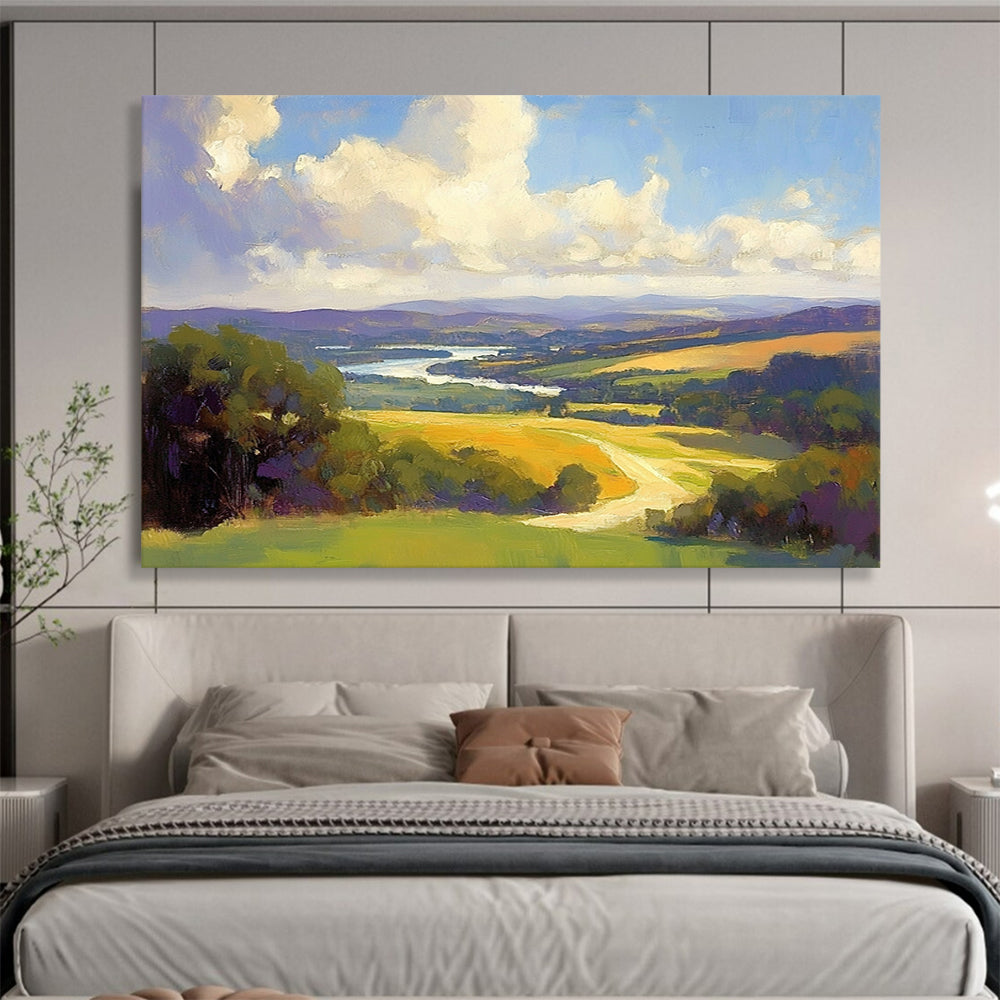 “Vibrant Panoramic Landscape” - Blue, Green, Yellow, Purple, Detailed Scenic View - Oil Painting HB1657