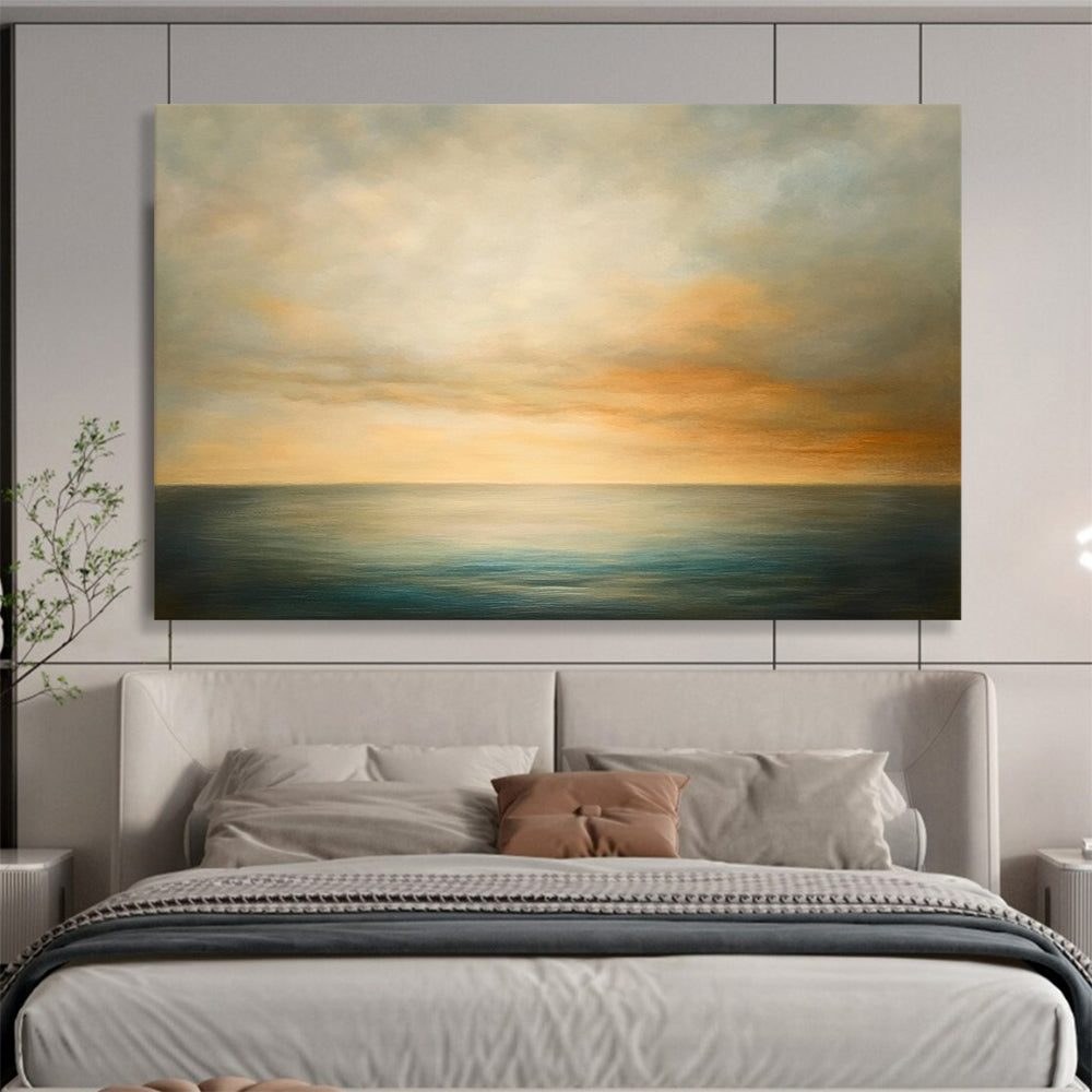 “Soft - Toned Sea and Sky” - Muted Grays, Oranges, Blues, Calm Ocean and Sky - Oil Painting HB1606