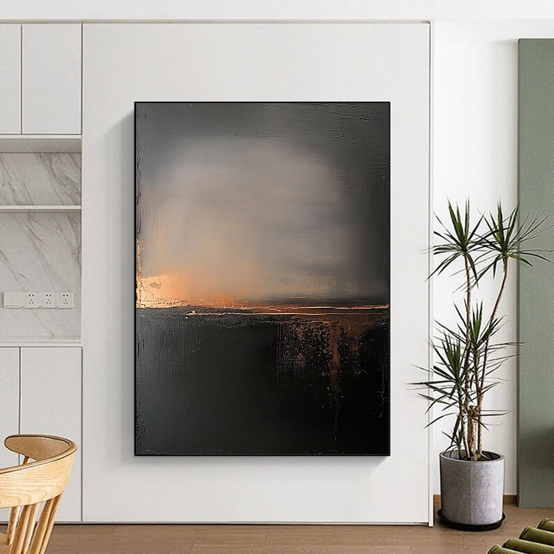 Contemporary abstract painting featuring atmospheric clouds and a foggy landscape in muted gray and black tones with hints of gold enhancing serenity and introspection. DLZ0692