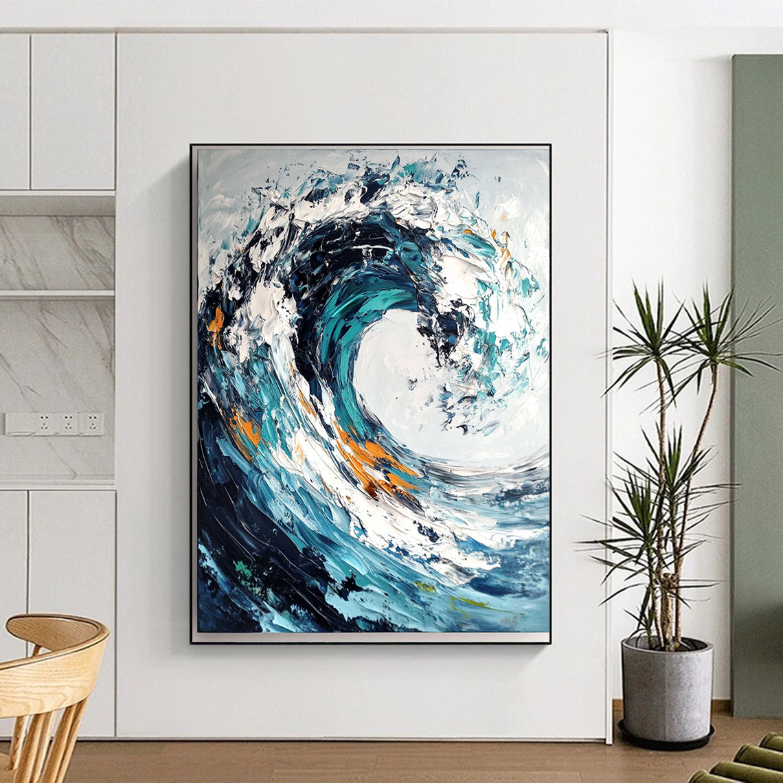 Contemporary abstract painting showcasing ocean wave with impasto brush strokes and palette knife in dark blue and teal swirls on white background. DLZ0580