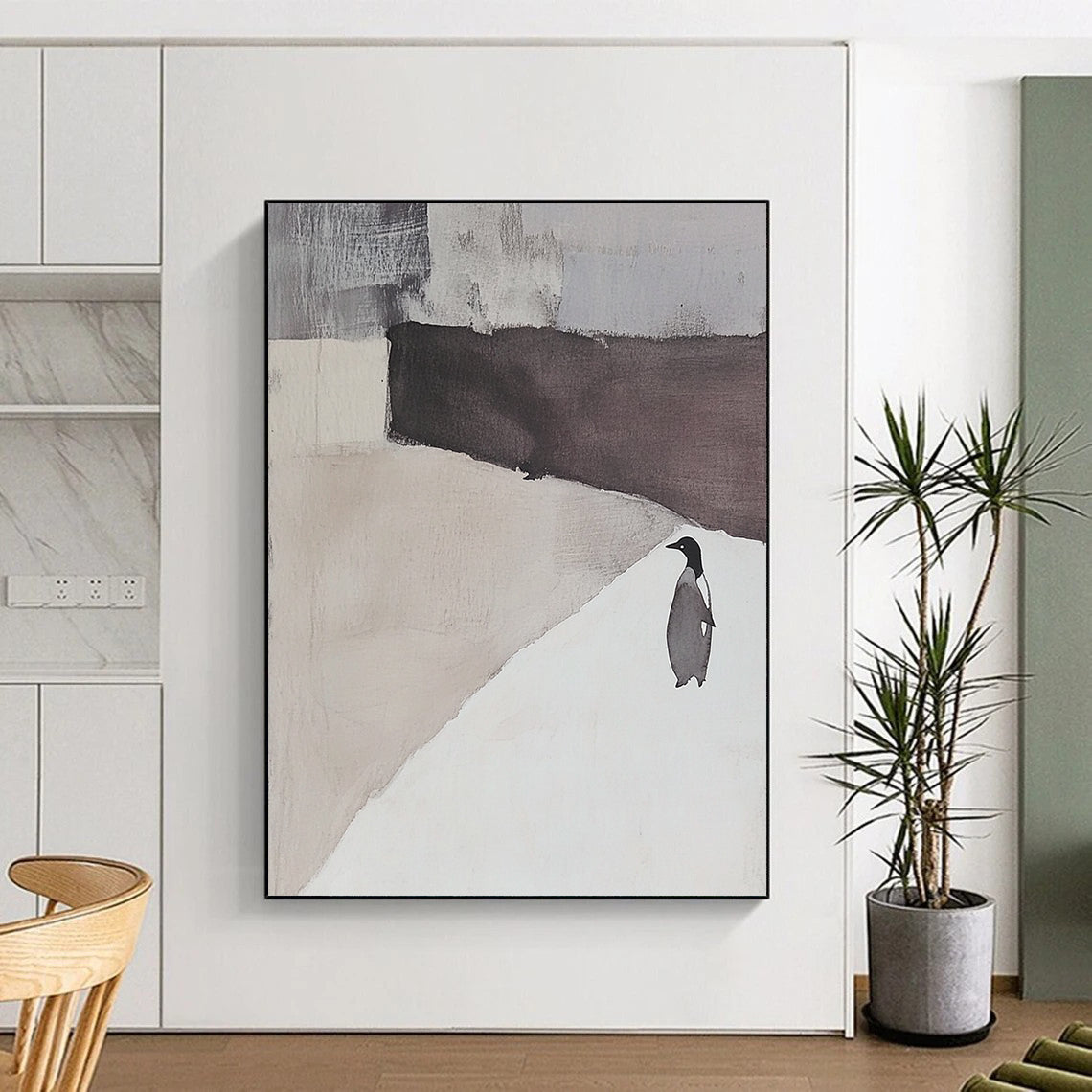 Contemporary hand-painted abstract artwork featuring an elegant white and gray landscape with a penguin silhouette and serene negative space. DLZ1725