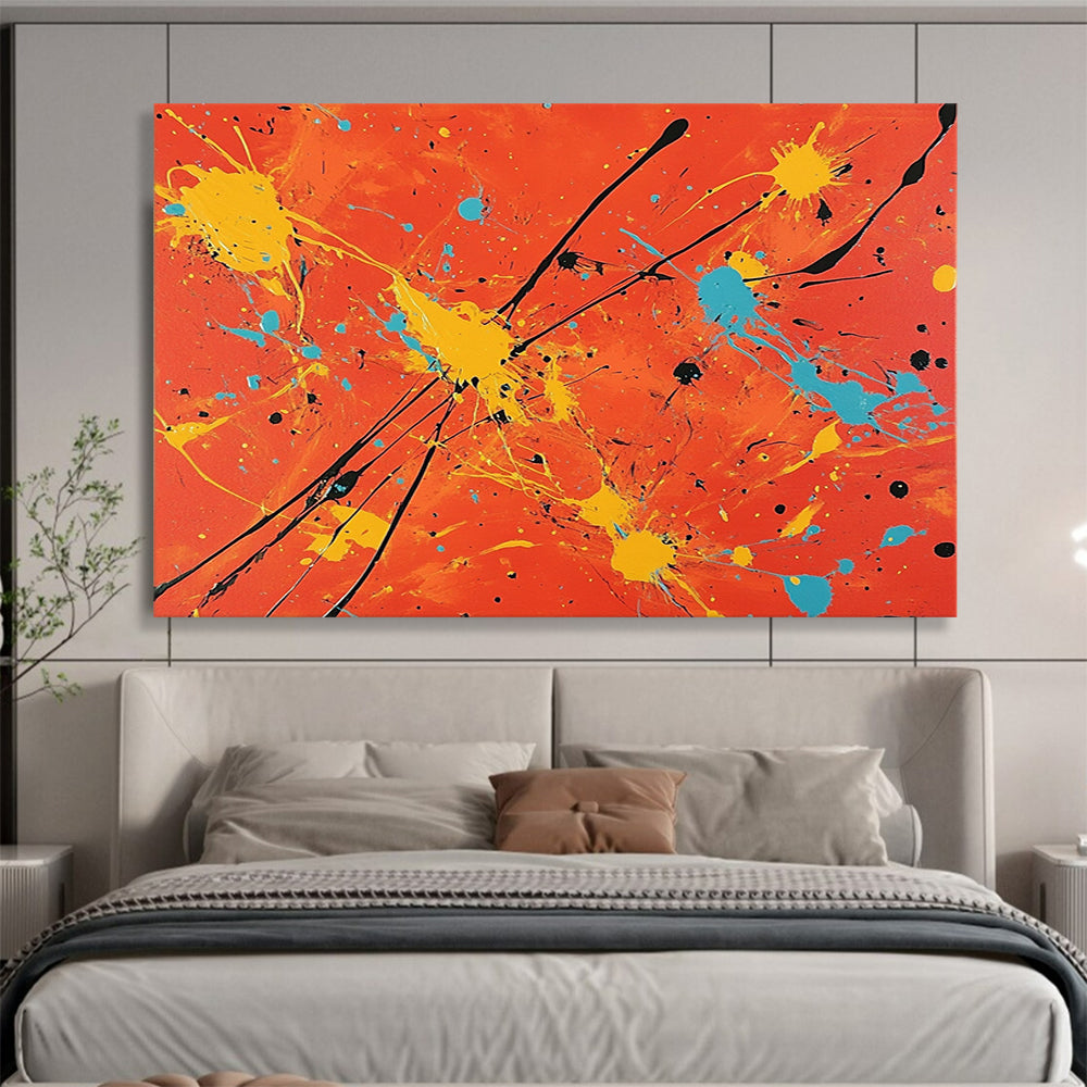 “Colorful Splatter On Orange” - Orange, Yellow, Blue, Black, Abstract Expressionist Painting On Canvas HB0683
