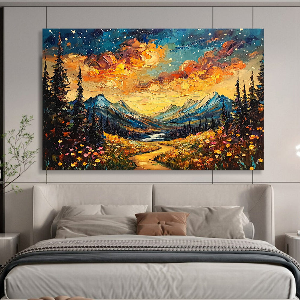 “Starry Mountain Path” - Vivid sunset clouds, colorful wildflowers, Impasto Landscape Painting On Canvas HB0567