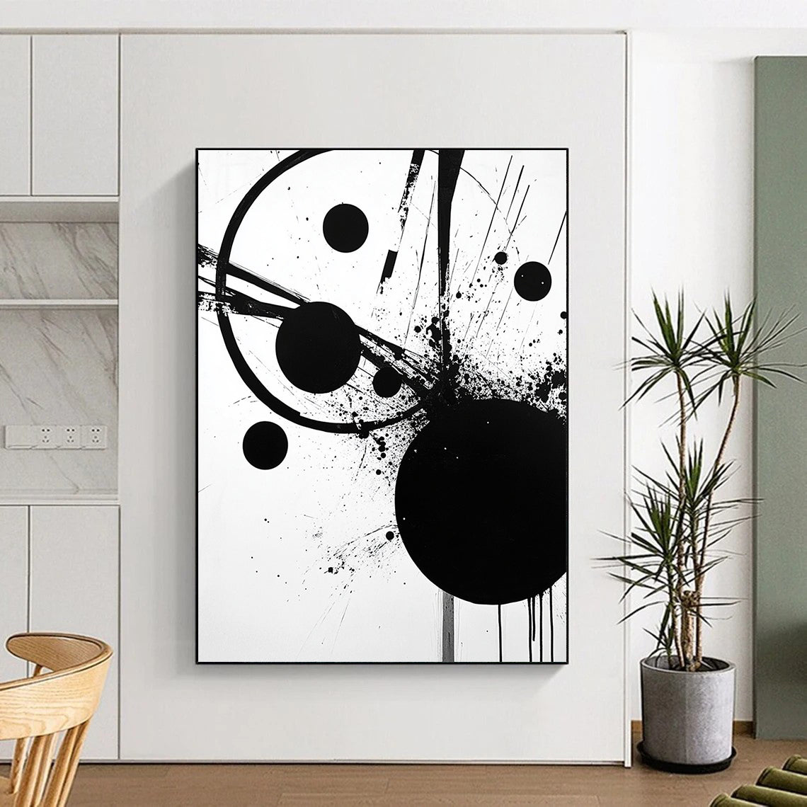 Black Circle, Dots & Lines - “Structured Ink Chaos” Painting On Canvas HB237