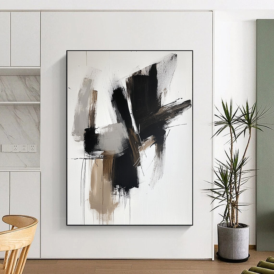 Contemporary hand-painted abstract artwork features bold black shapes with brown tones and white accents on a sleek neutral backdrop. DLZ0316
