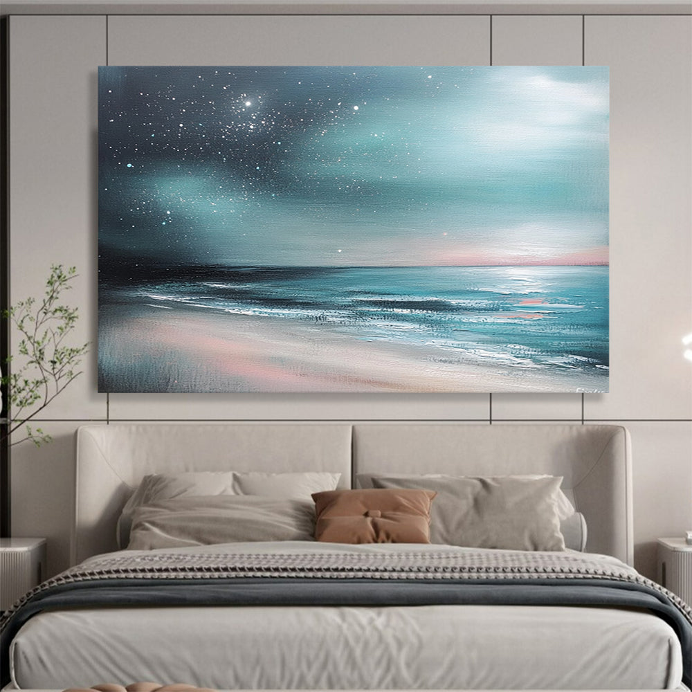 “Aurora Beach” - Teals, Pinks, Purples, Beach Under a Starry, Aurora - Like Sky - Impasto Oil Painting HB1742