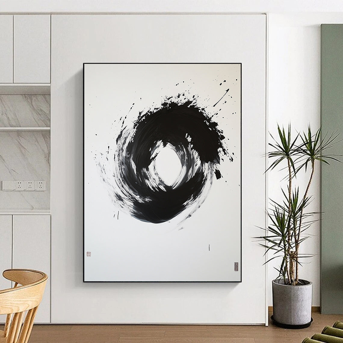 Black and White Splattered Circle "Energetic Enso" Painting On Canvas HB272