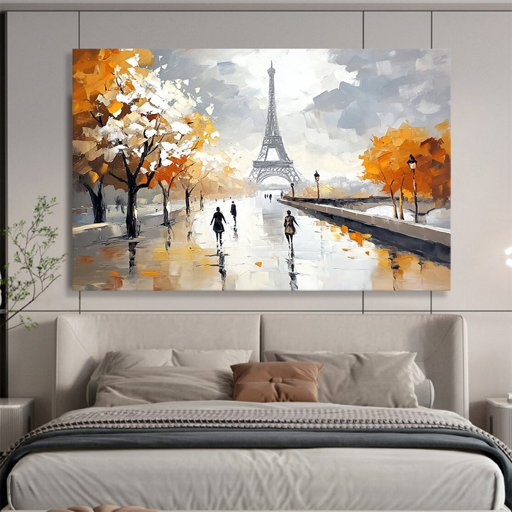 “Autumn in Paris” - Oranges, Grays, Whites, Eiffel Tower and Tree - Lined Path in Autumn - Impressionist Oil Painting HB1715
