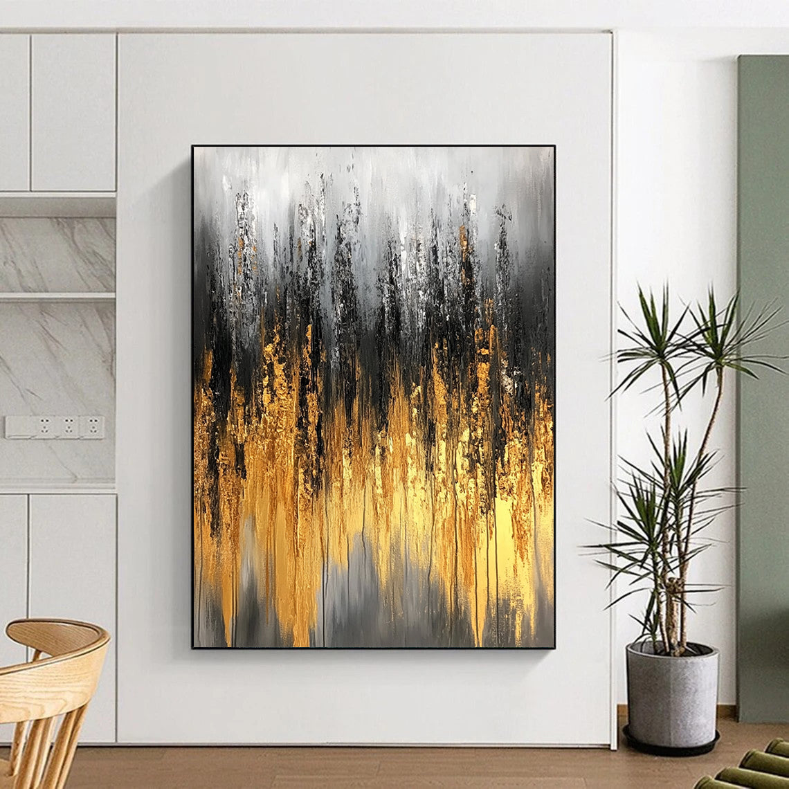 Large contemporary abstract painting featuring gray and gold tones with textured brushstrokes and delicate light effects on a soft background. DLZ0746