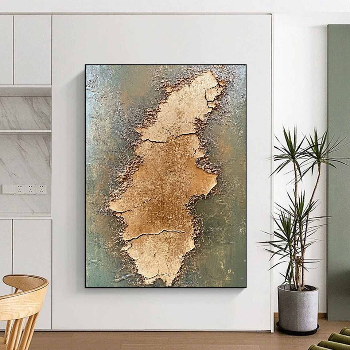 Contemporary abstract painting features two stacked cracked brown earth plains on an olive green background created with textured oil paint. DLZ0651