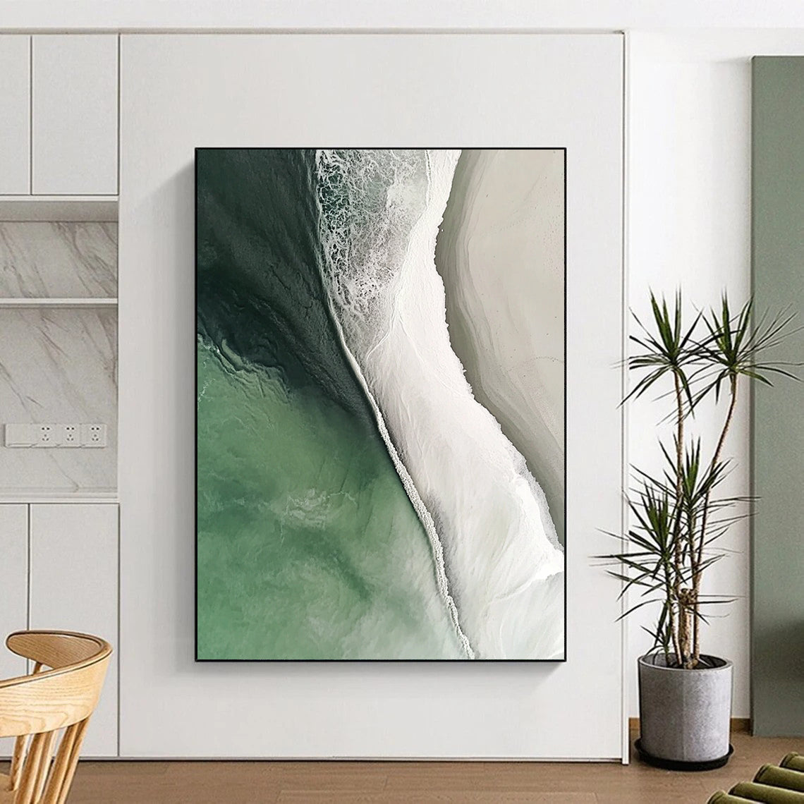 Contemporary hand-painted abstract artwork featuring a stunning beach scene with flowing water in white and green colors, capturing cinematic details and natural lighting. DLZ0840