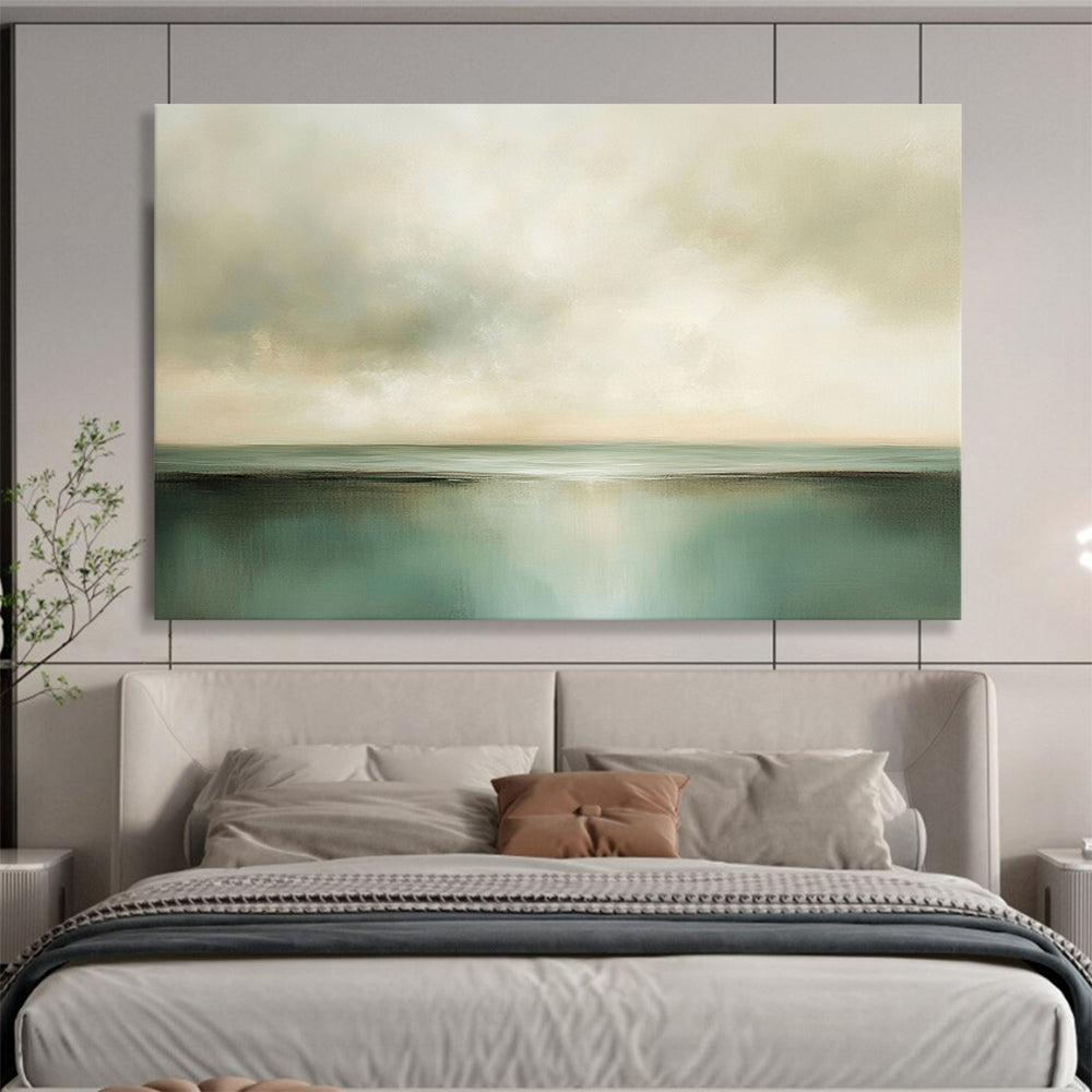 “Soft Green Horizon” - Green, Beige, Calm Sky and Water Painting On Canvas HB0930
