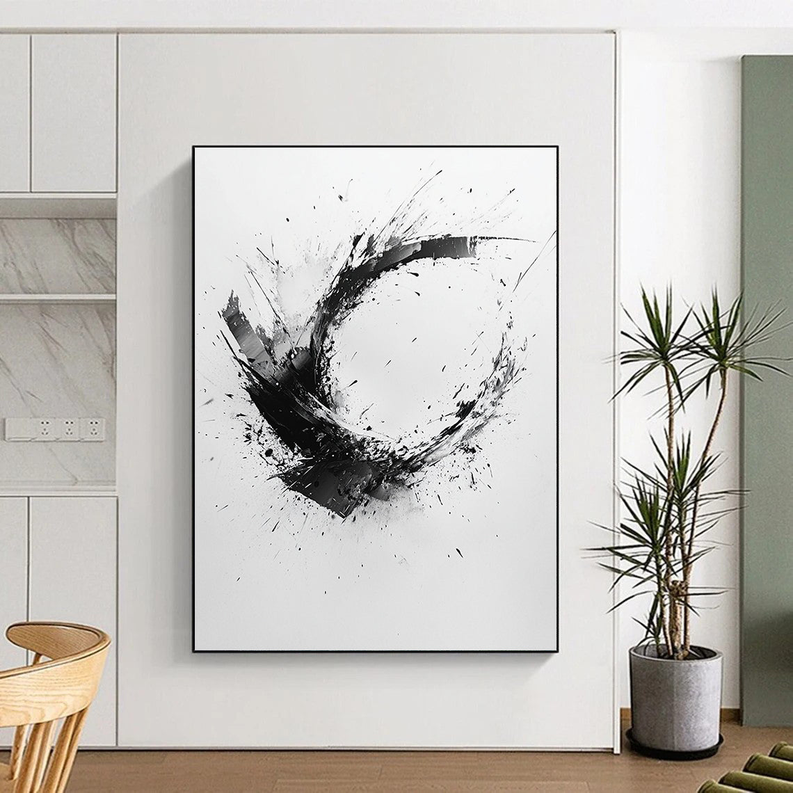 Black and White Splattered Crescent "Energetic Fragment" Painting On Canvas HB267
