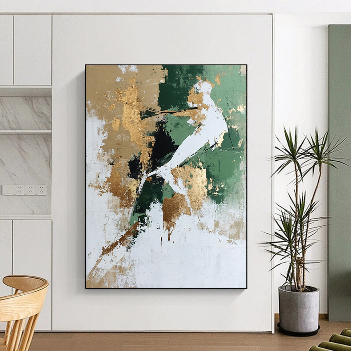 Large contemporary abstract painting featuring white and green tones with gold accents and a dynamic human figure crafted from natural elements. DLZ0780