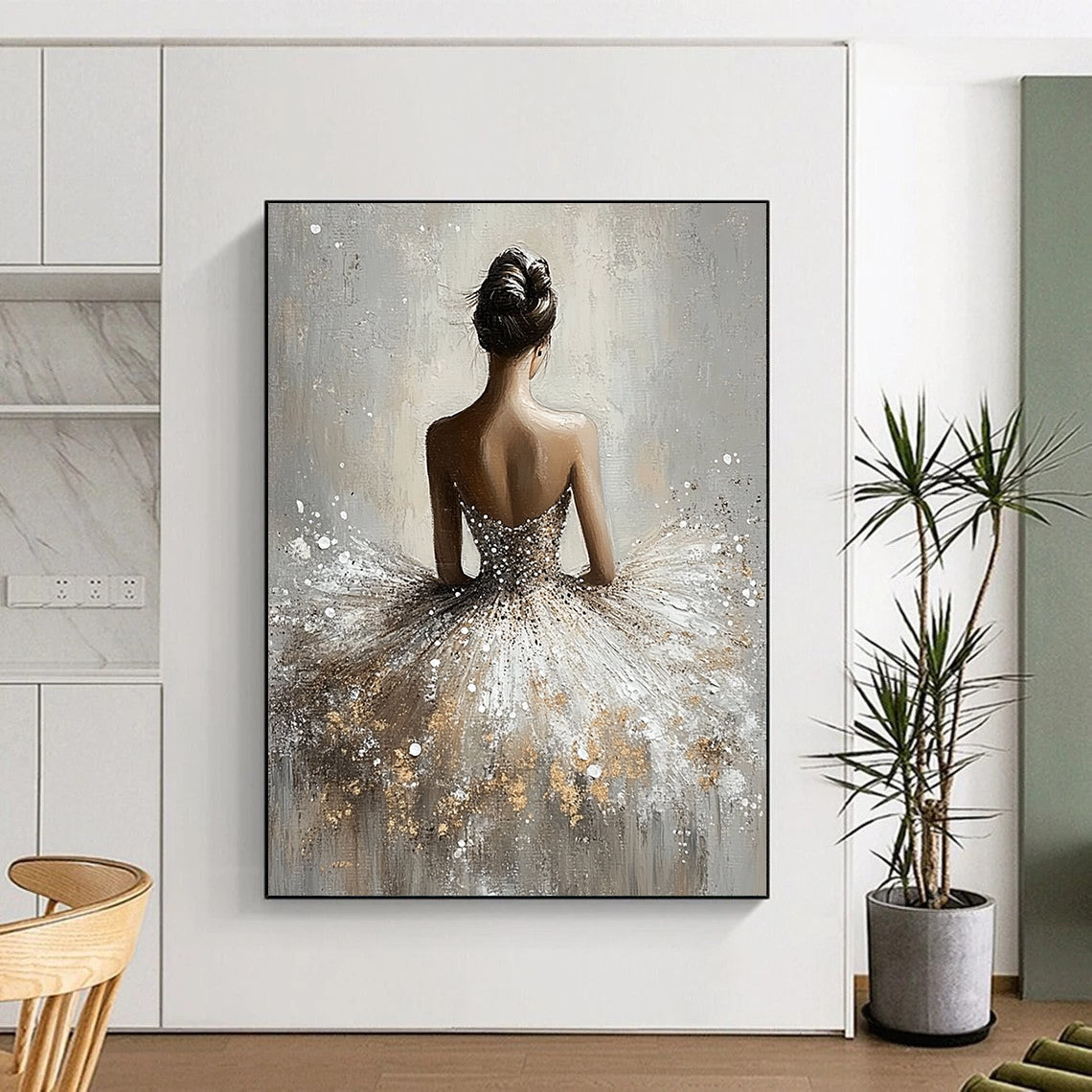 Contemporary abstract painting featuring a graceful ballerina in a shimmering dress with a soft grey background and ethereal romantic lighting. DLZ1663