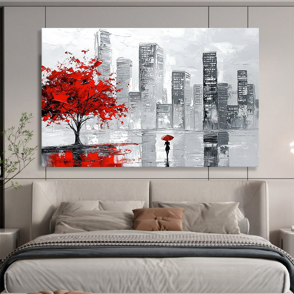 “Red Tree City Walk” - Red, Gray, Black, Urban Scene with Figure - Impasto Acrylic Painting HB1673