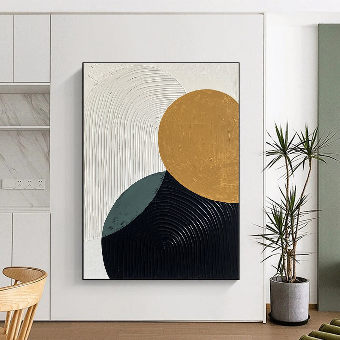 Contemporary hand-painted abstract art featuring minimalist black white and gold elements with textured ovals and curves in soothing beige and green tones. DLZ1353