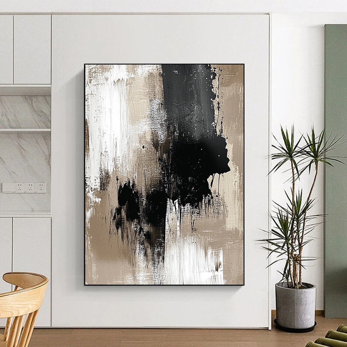 Contemporary hand-painted abstract art featuring a neutral palette of beige and black with monochromatic ink splashes for minimalist elegance. DLZ0929