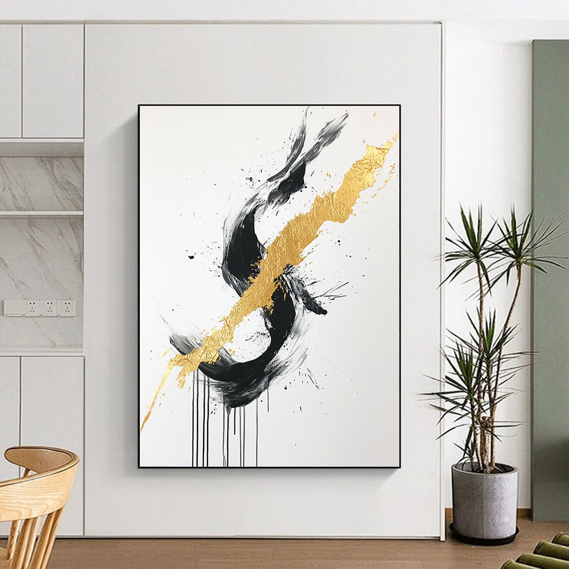 Black, White, Gold, Gray, Intertwined Strokes "Gilded Fusion" Abstract Expressionist Painting On Canvas HB099