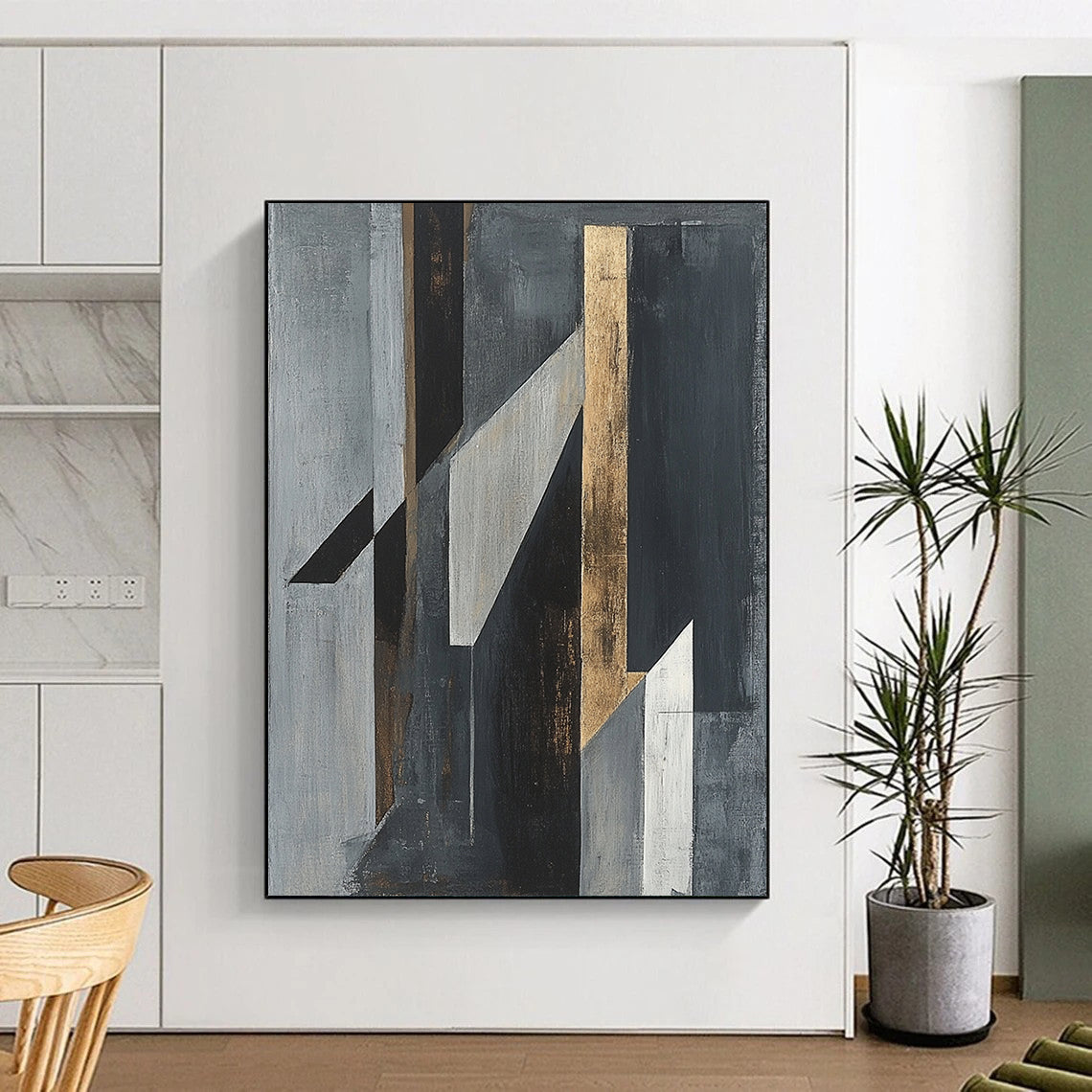 Gray, Black, White and Gold Geometric Abstraction "Dynamic Geometry" Painting On Canvas HB389