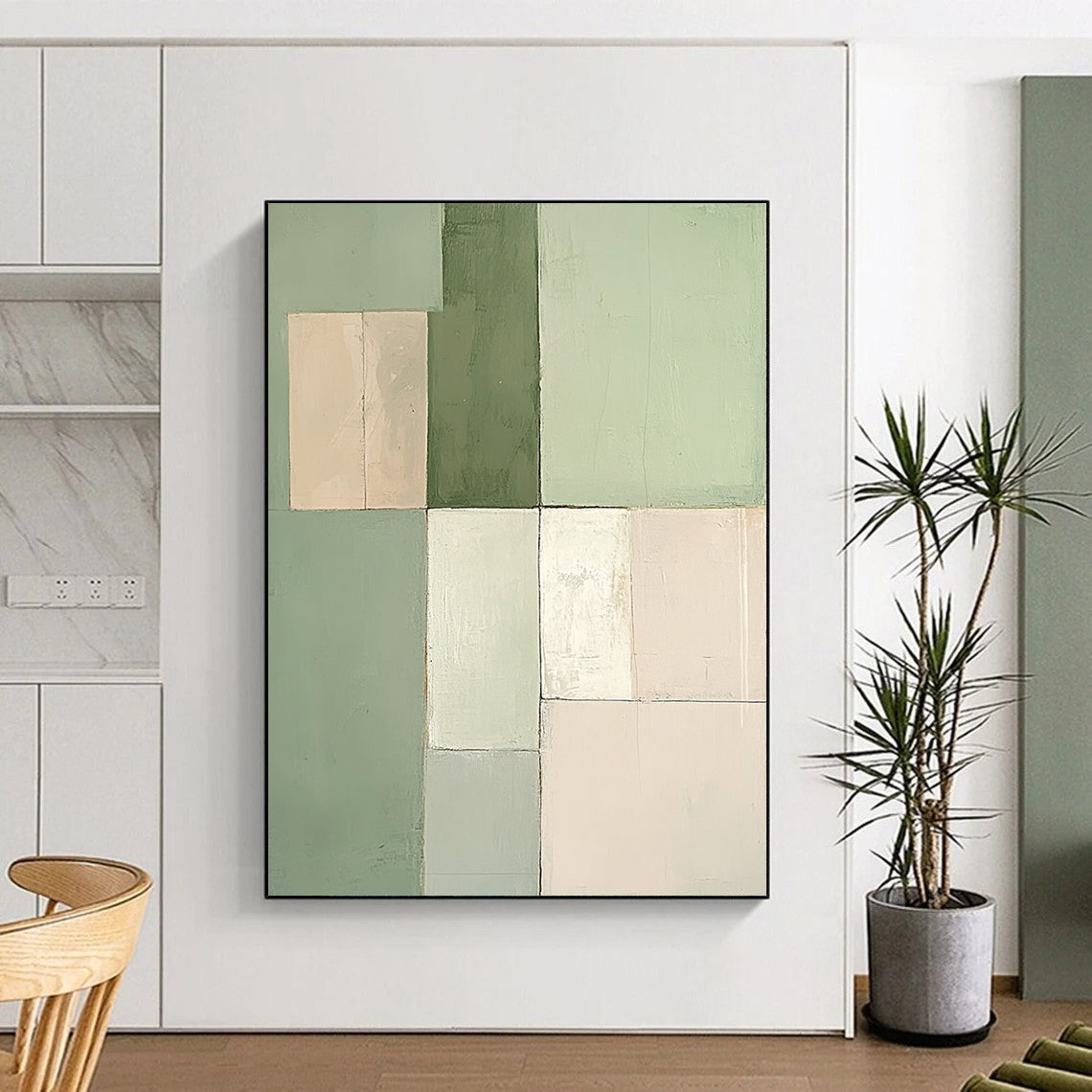 Contemporary hand-painted abstract artwork features a minimalist design with soft pastel green and beige squares in varying sizes. DLZ1334