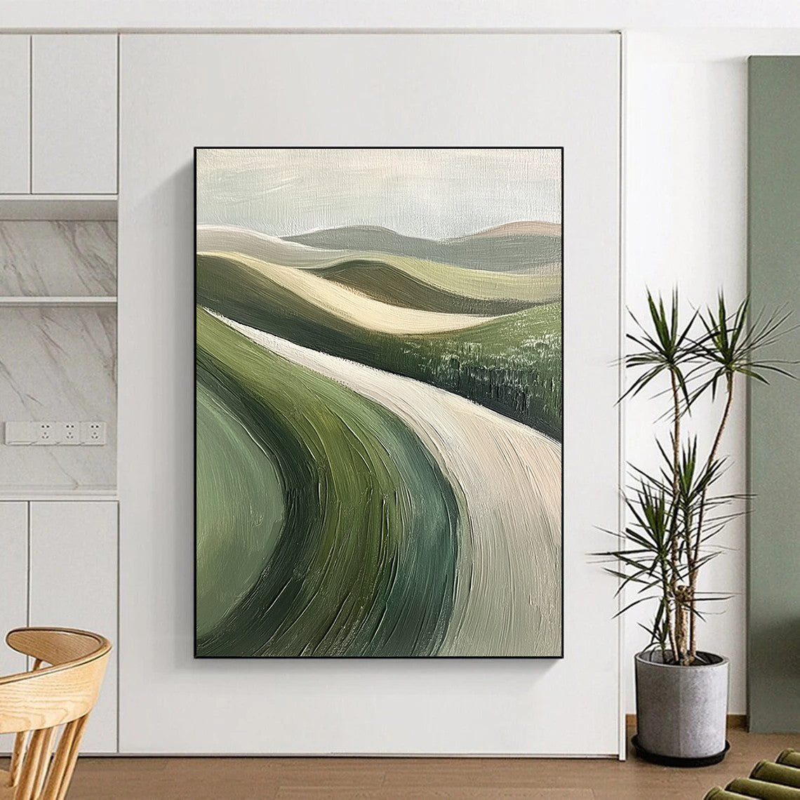 Contemporary hand-painted abstract art featuring rolling green hills, textured brushstrokes, muted colors, soft focus, and a minimalist impressionist style. DLZ1107