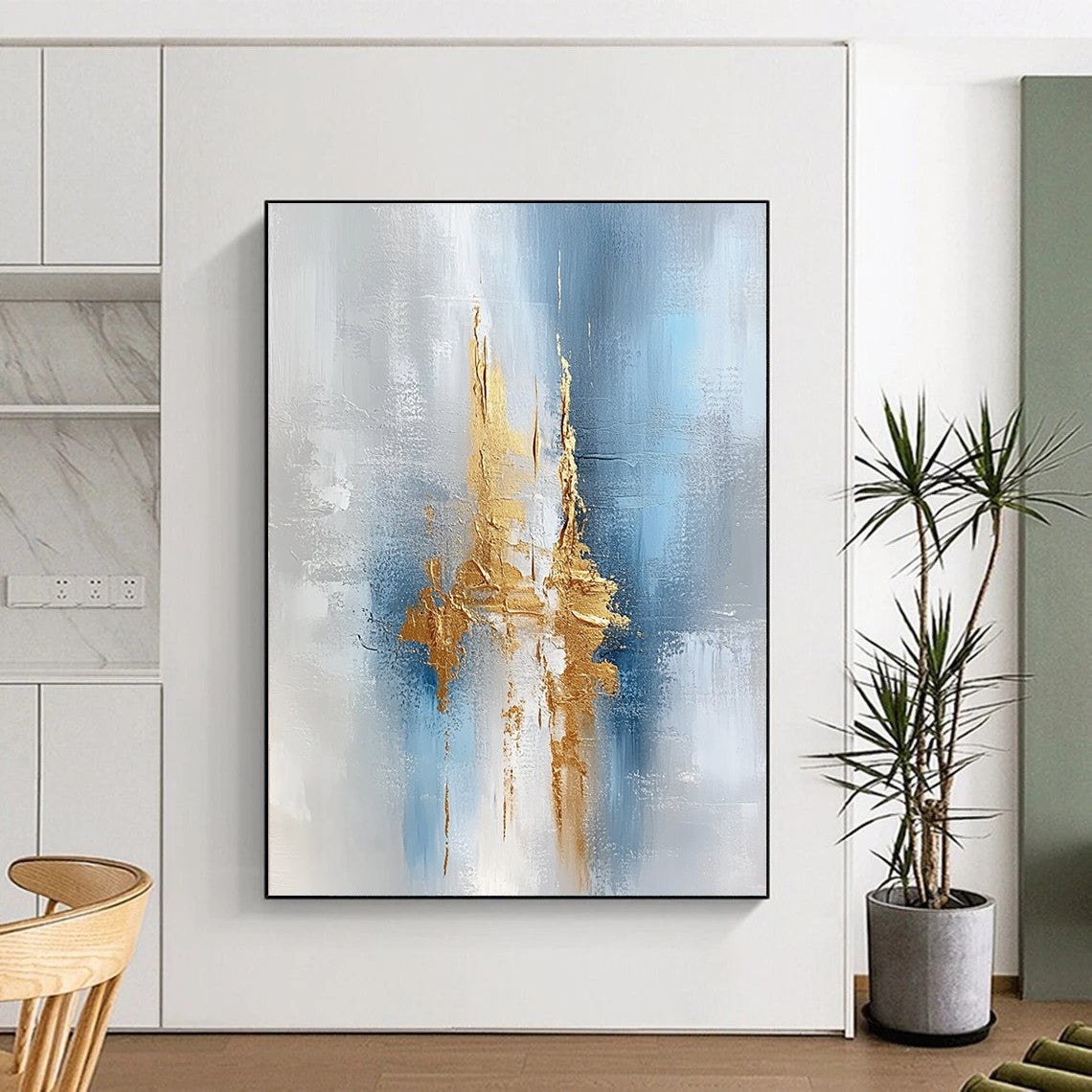 Large contemporary hand-painted abstract artwork featuring a textured light gray and white background with intricate blue and gold accents. DLZ0328
