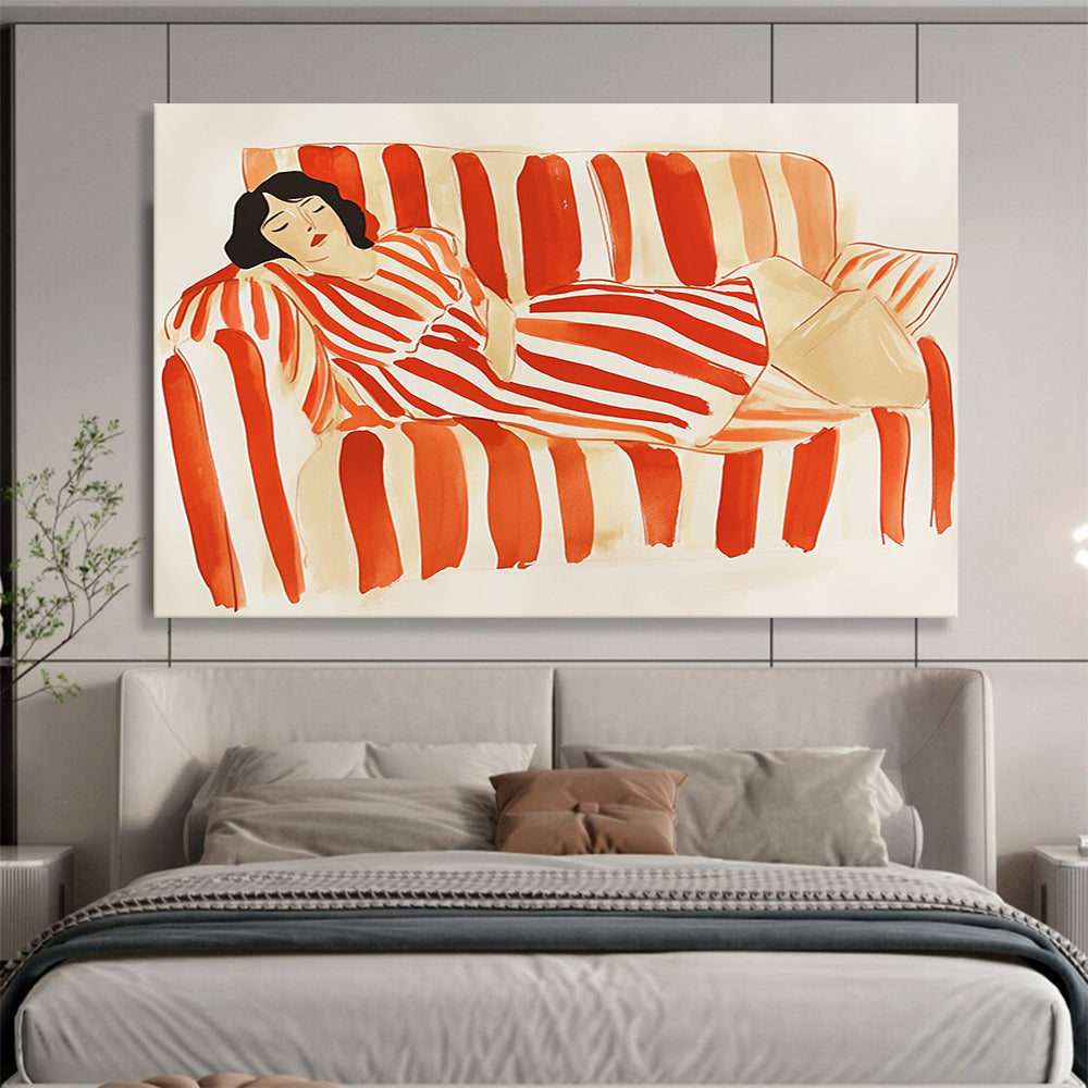 “Woman Resting on Striped Sofa” - Red, White, Figurative, Lifestyle Painting On Canvas HB0778