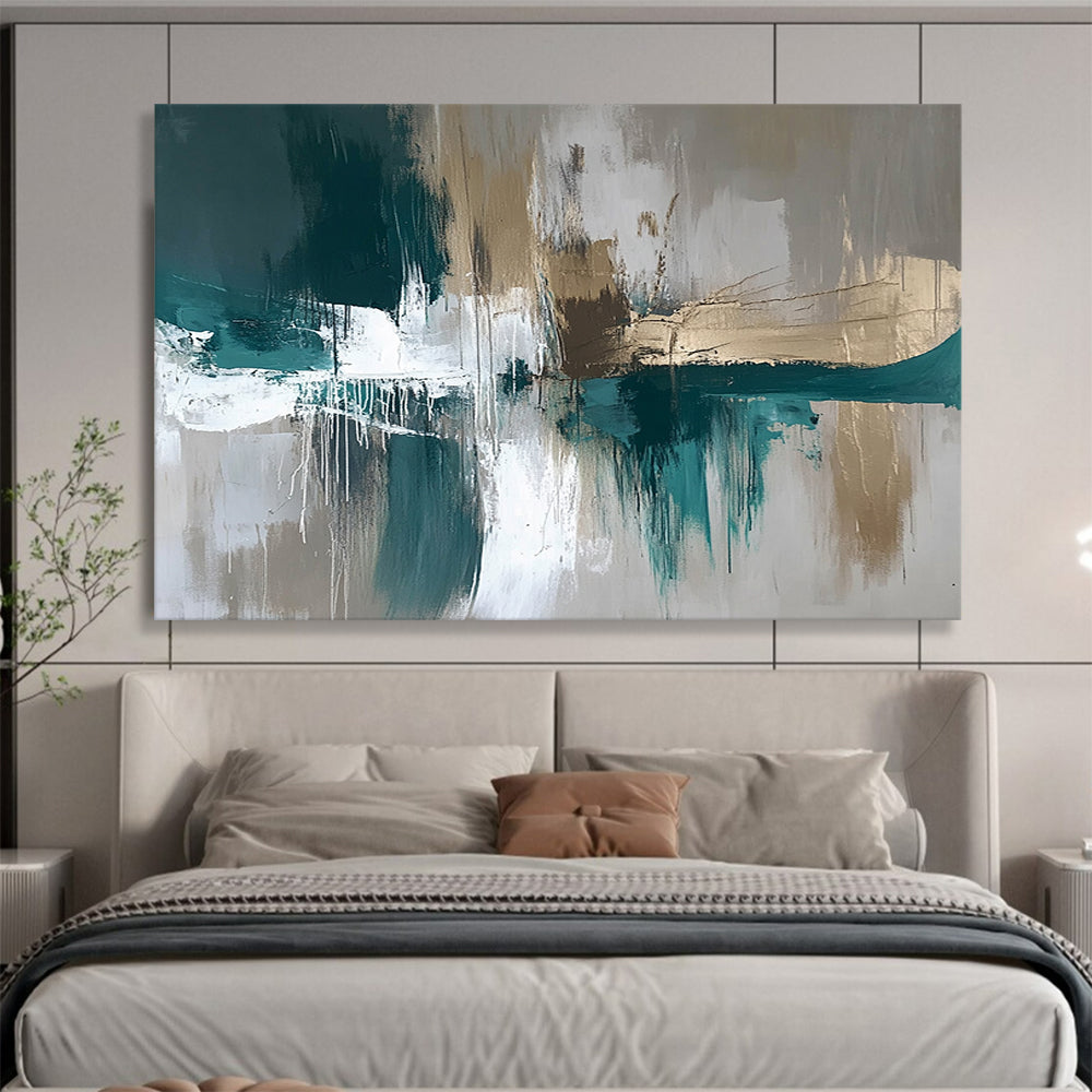 “Teal and Gold Abstract Drip” - Teal, gray, white, gold; Abstract with drip effects and gold accents; Acrylic Painting On Canvas HB1259
