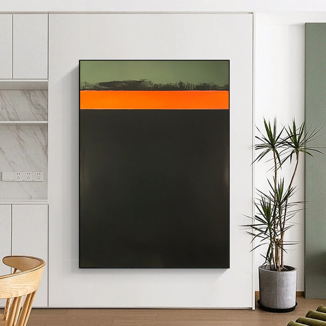 Contemporary abstract art features a bold orange strip atop a dark green background showcasing elegant simplicity and striking color contrast. DLZ1634