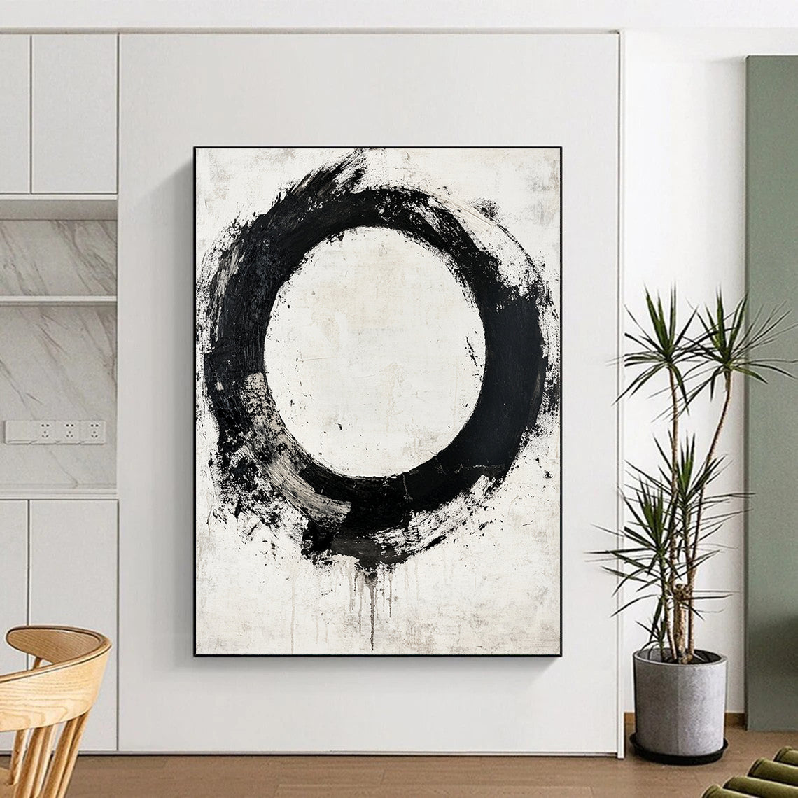 Black Circular Brushstroke with Gray Background - “Earthy Enso” Painting On Canvas HB241