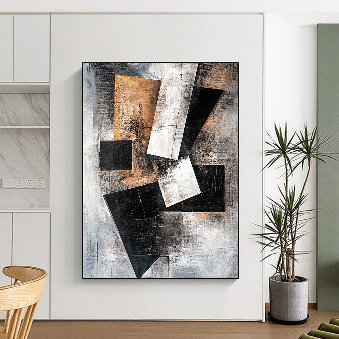 Gray, Black, White, Brown, Geometric Shapes "Industrial Puzzle" Abstract Cubist - Inspired Painting On Canvas HB059