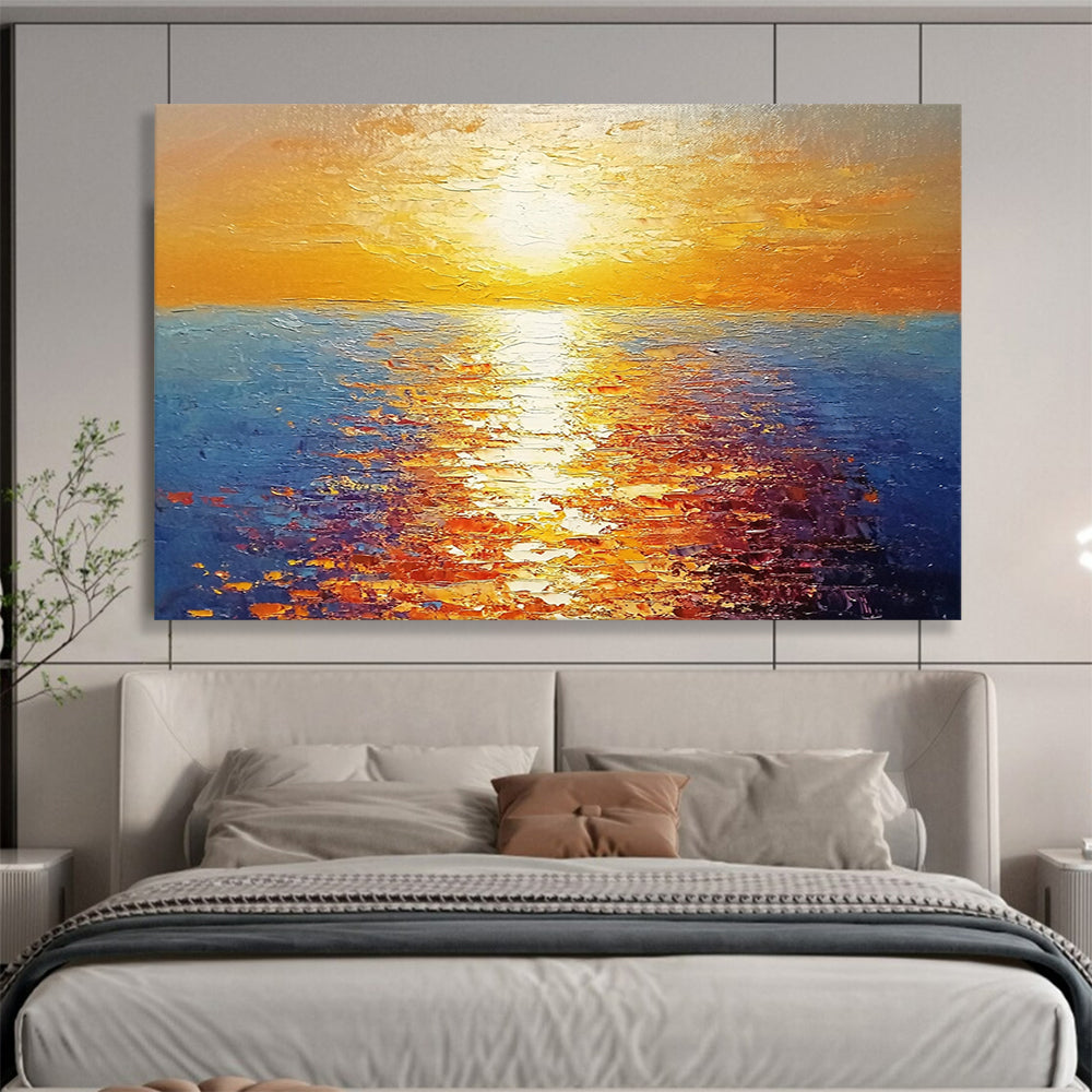 “Radiant Sunset Over Sea” - Orange, Yellow, Blue, Impressionist Seascape Painting On Canvas HB0693