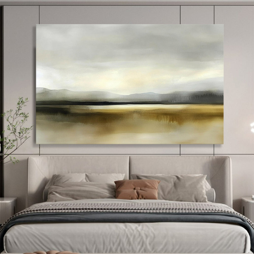 “Misty Mountain Lake” - Gray, Beige, Hazy Peaks and Reflective Water Painting On Canvas HB0927