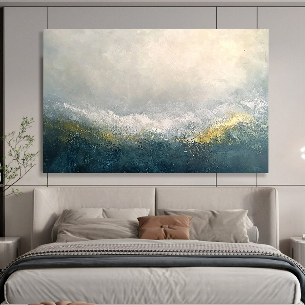 “Mystic Gray - Gold Horizons” - Gray, White, Gold, Abstract Misty Mountain Ranges Painting On Canvas HB1019