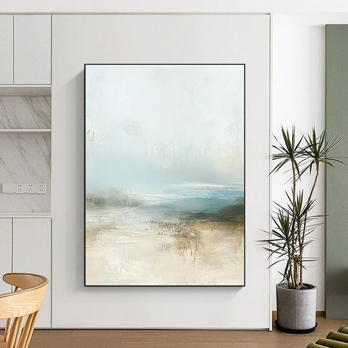 Contemporary abstract painting featuring muted pastel colors and calming beige and pale blue tones with soft atmospheric clouds. DLZ0282