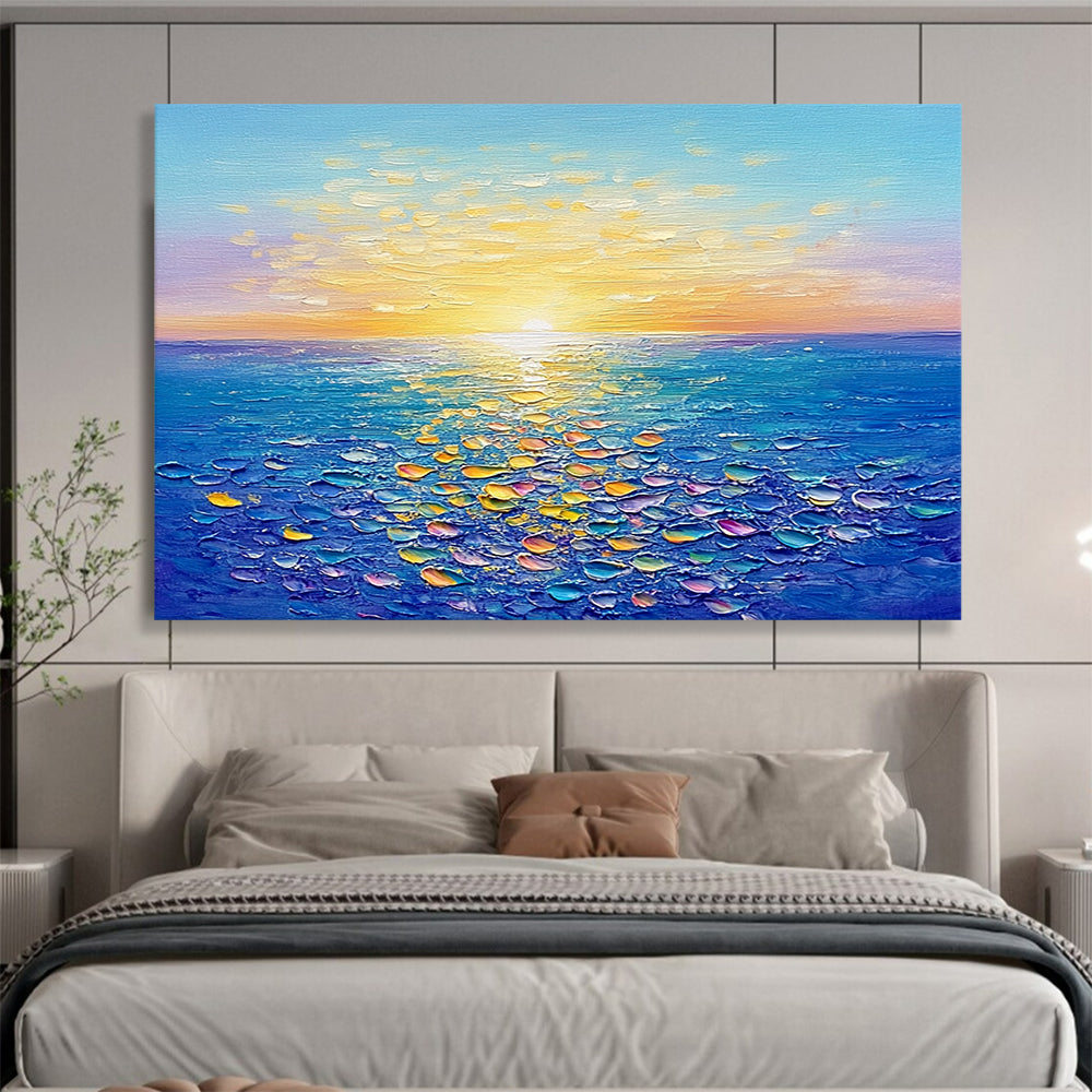 Sunlit Sea with Colorful Textured Reflections - Impasto Seaside Painting On Canvas HB0438