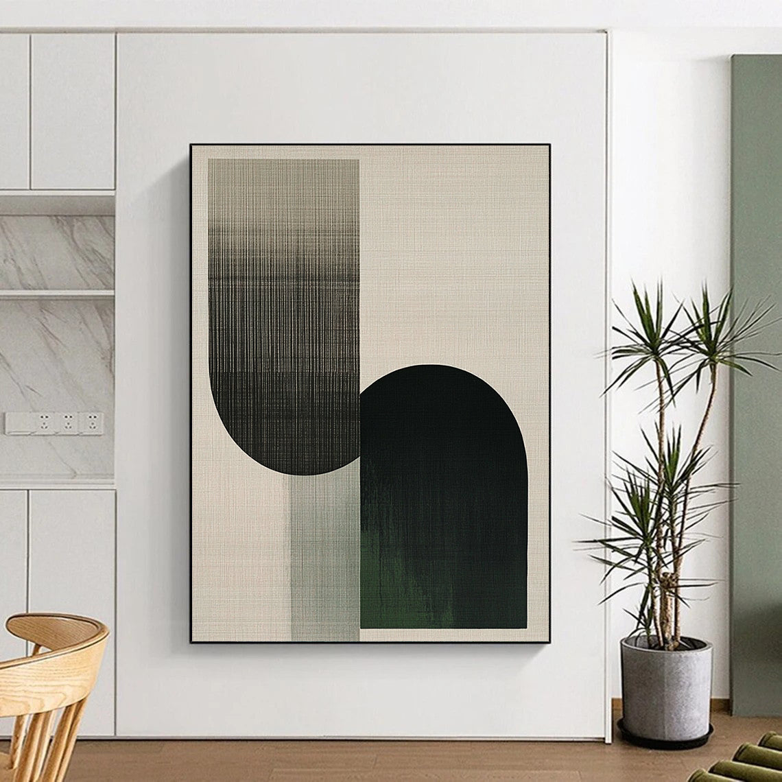 Contemporary abstract artwork featuring overlapping shapes in the form of an F, with neutral tones and green accents, showcasing visible brush strokes. DLZ1622