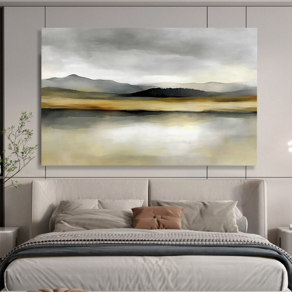 “Misty Mountain Lake” - Gray, Beige, Green, Layered Mountains and Reflective Lake Painting On Canvas HB0916