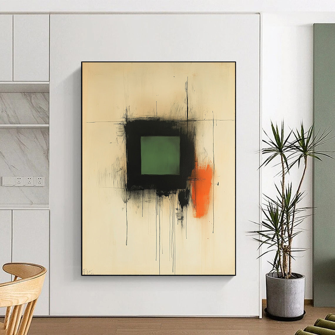 Contemporary abstract artwork features soft black ink lines with a central green square and warm strokes of brown and orange evoking serenity and contemplation. DLZ1465