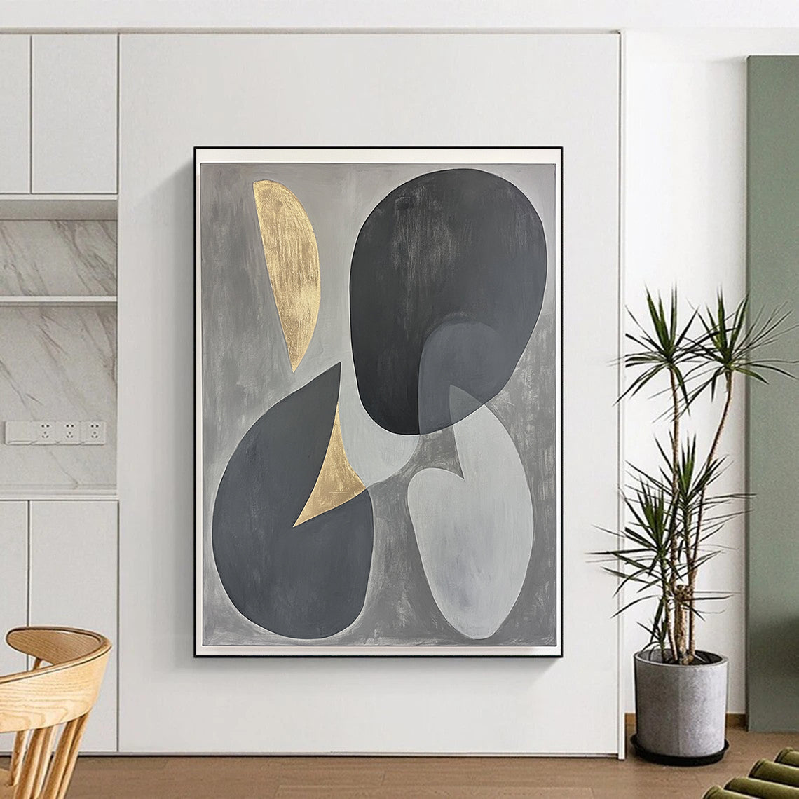 Gray, Black, Gold and Silver Geometric Abstraction "Energetic Geometry" Painting On Canvas HB399