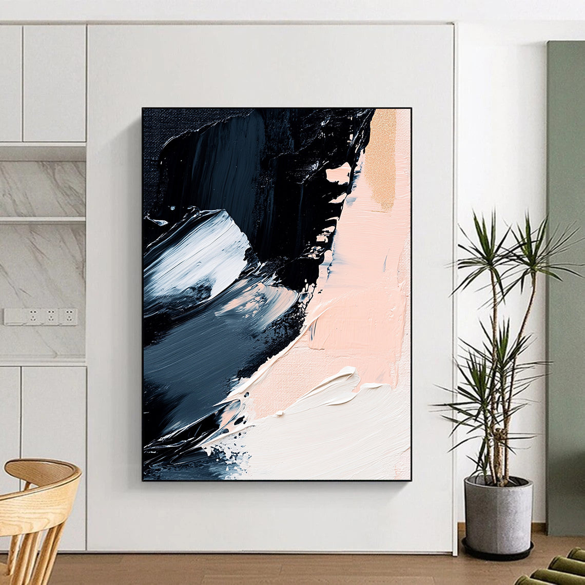 Black, White, Gold, Blush, Brush Strokes "Gilded Blush Drama" Abstract Gestural Painting On Canvas HB168