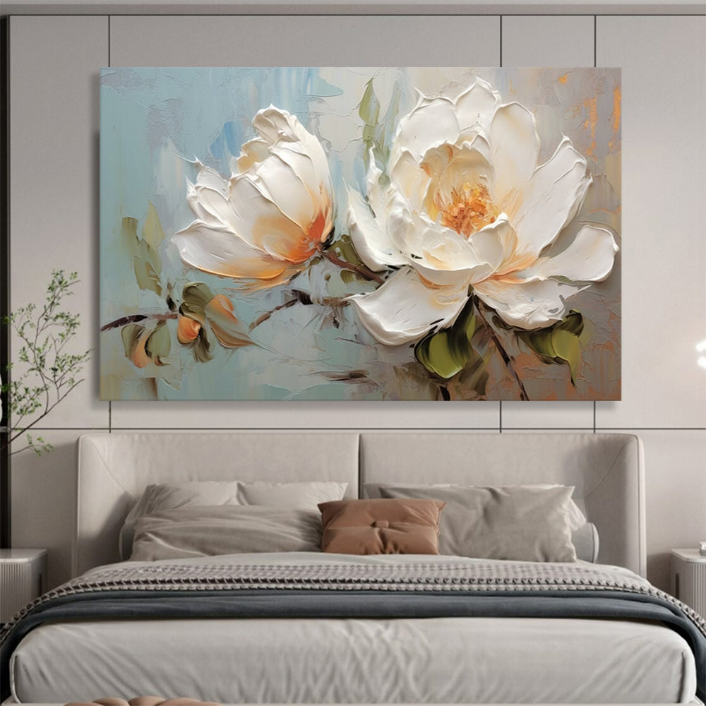 Textured White Peony Painting - Elegant Bedroom Floral Decor DLZ174