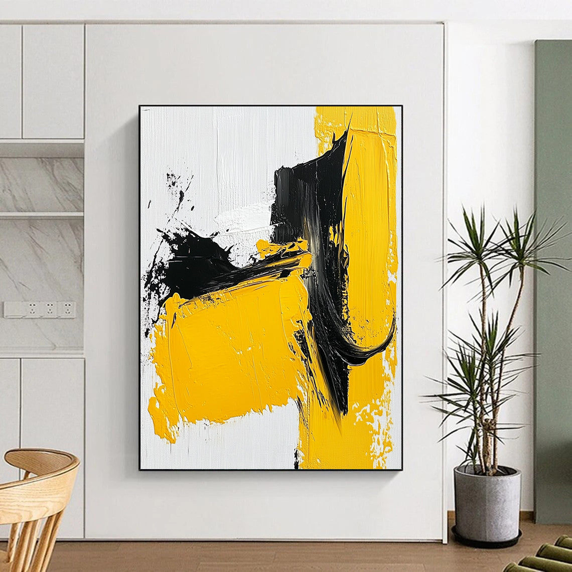 Contemporary abstract painting showcases bold yellow black and white strokes with thick paint on a textured canvas emphasizing minimalism and simple shapes. DLZ0837