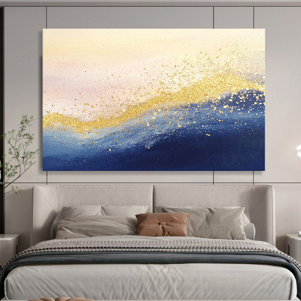 “Golden Sea Sparkle” - Blue, Gold, White, Abstract Waves - Mixed - Media Painting HB1478