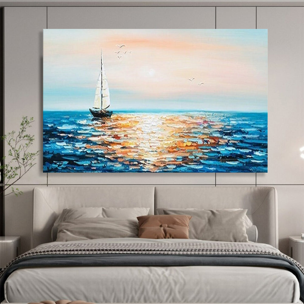 Sunset Sailboat Sea Oil Painting - Coastal Dining Room or Bedroom Art DLZ188