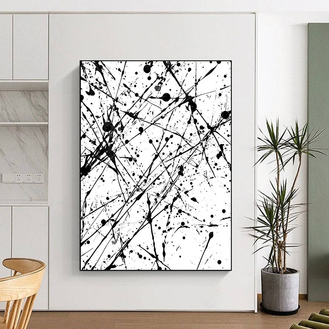 Black and White Splattered Lines "Chaotic Energy" Painting On Canvas HB251