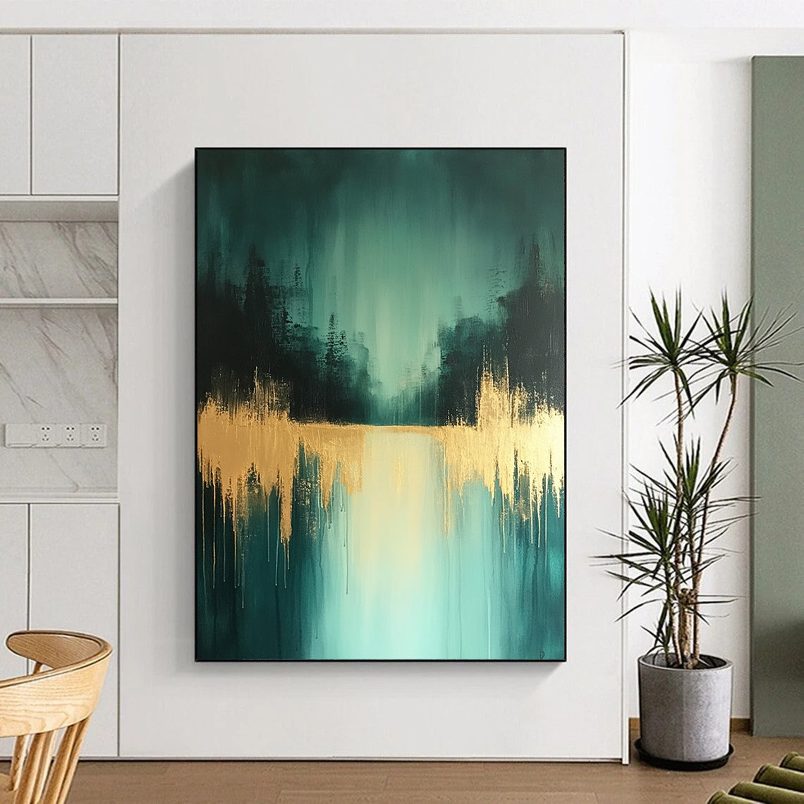 Contemporary abstract art features teal and gold shades with distant trees and a wet-on-water effect creating a serene low-contrast atmosphere. DLZ0771