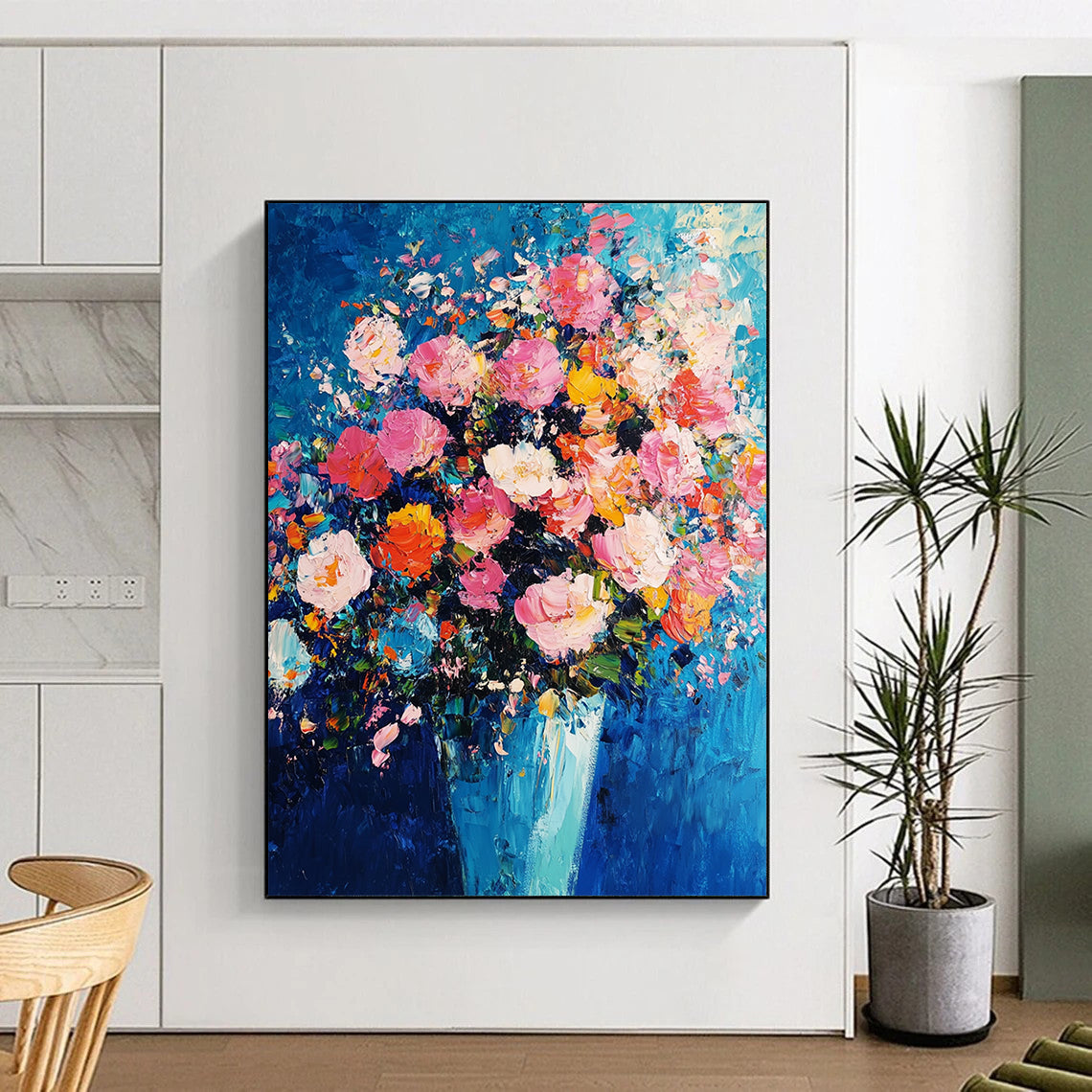 Abstract expressionism captures vibrant pink and blue hues with thick brush strokes and texture, creating a dynamic floral arrangement against an indigo background. DLZ1277