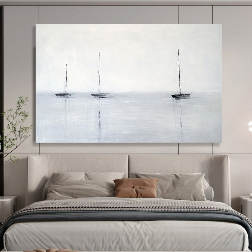 “Sailboats on Gray Water” - Gray, Black, Minimalist Sailboat Scene Painting On Canvas HB0959
